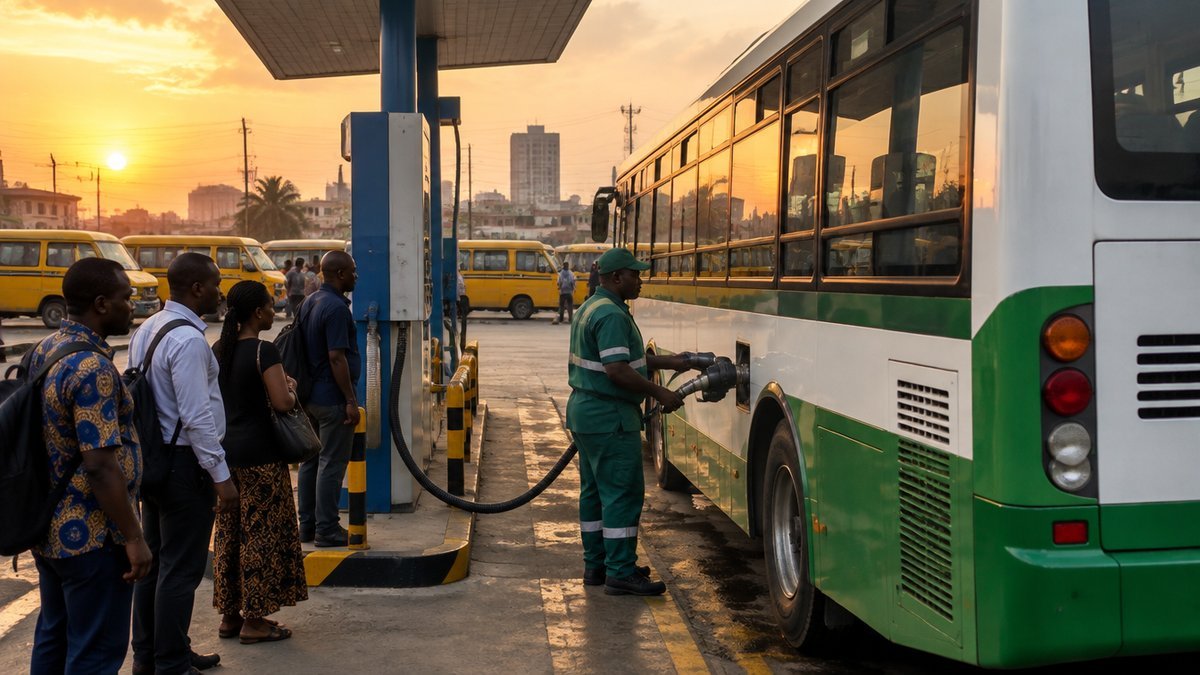 Bus refuelling at a CNG station in Nigeria as commuters wait, illustrating the October 1 CNG transit fare cut programme