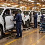 Workers assembling unbranded vehicles on a Nigerian car assembly line (illustrative AI image)