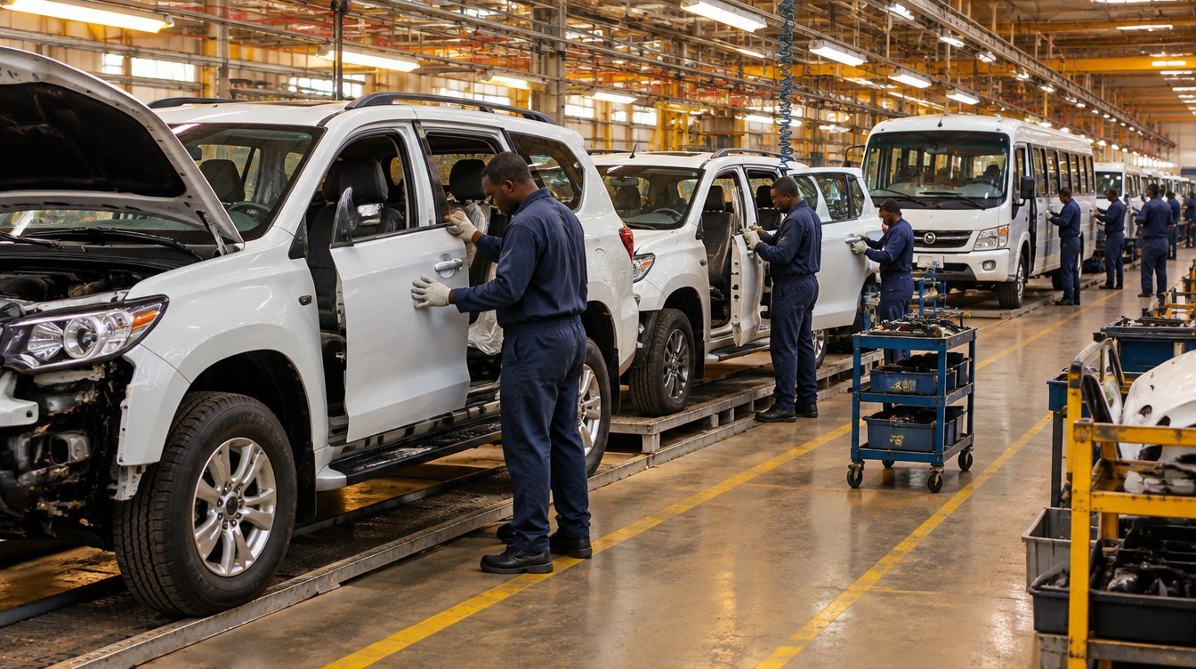 Workers assembling unbranded vehicles on a Nigerian car assembly line (illustrative AI image)