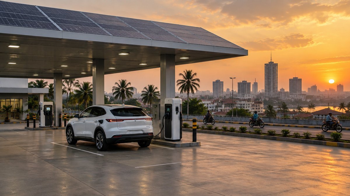 Electric car charging at a solar-powered EV charging and fuel station in Nigeria at dusk