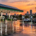 Modern Nigerian filling station at dusk with petrol pumps, solar panels and electric vehicle fast-charging bays