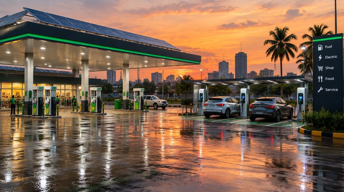 Modern Nigerian filling station at dusk with petrol pumps, solar panels and electric vehicle fast-charging bays