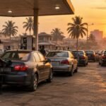 Cars queuing at a petrol filling station in Lagos, Nigeria at dusk as pump prices rise to N1,395 per litre