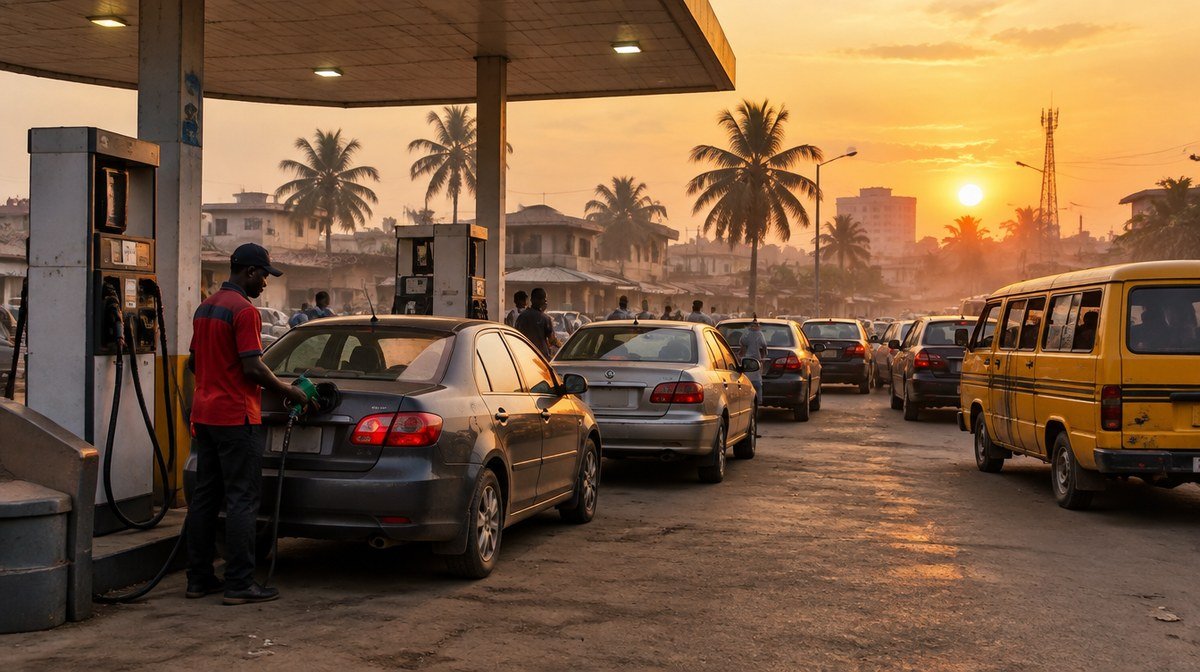 Cars queuing at a petrol filling station in Lagos, Nigeria at dusk as pump prices rise to N1,395 per litre