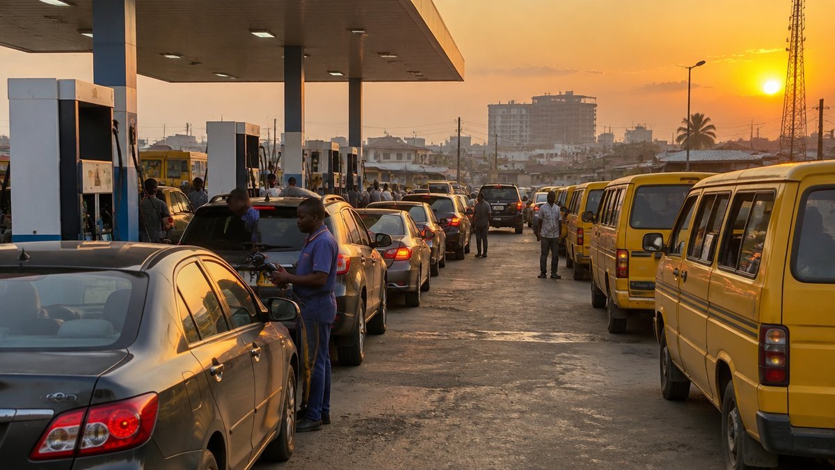 Cars and commercial buses queue at a Nigerian petrol filling station at dusk as pump prices rise in September 2026