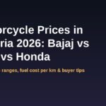 Motorcycle prices in Nigeria 2026 banner comparing Bajaj, TVS and Honda
