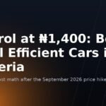 Banner reading Petrol at N1,400: Best Fuel Efficient Cars in Nigeria, on a dark background with an amber glow