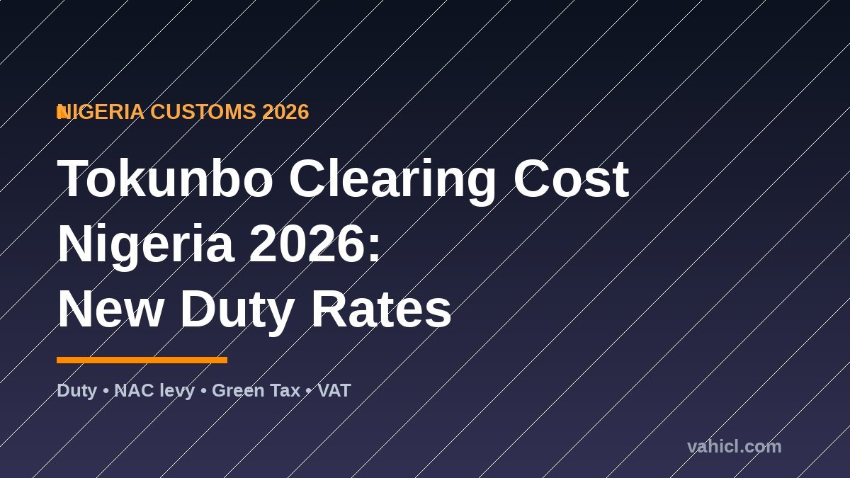 Tokunbo car clearing cost in Nigeria 2026 banner showing new customs duty, NAC levy and green tax rates