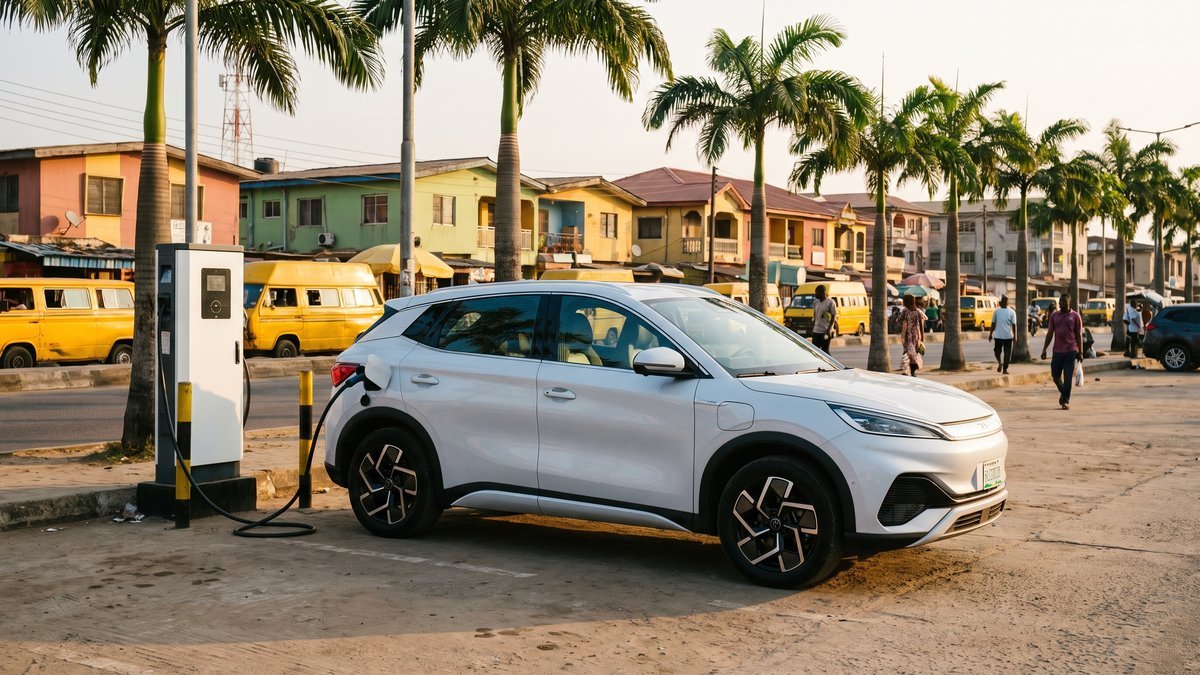 White electric SUV charging at a public EV charging station on a Lagos street in Nigeria