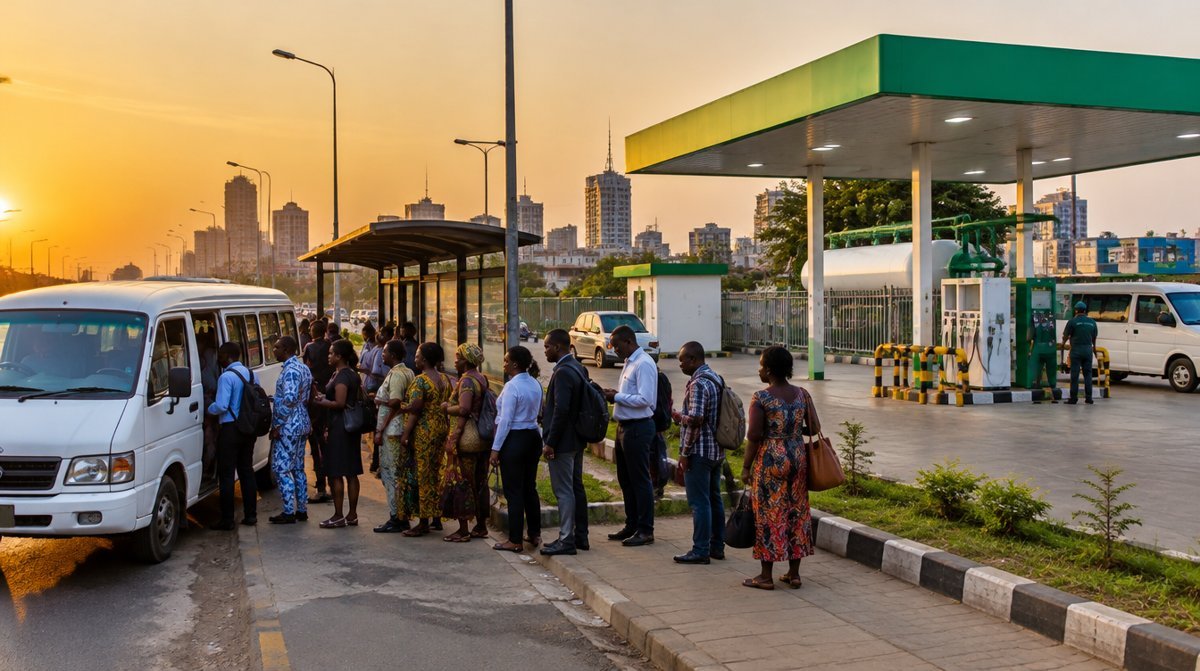 Commuters queue at a bus stop beside a CNG refuelling station in a Nigerian city at sunset (AI-generated illustration)