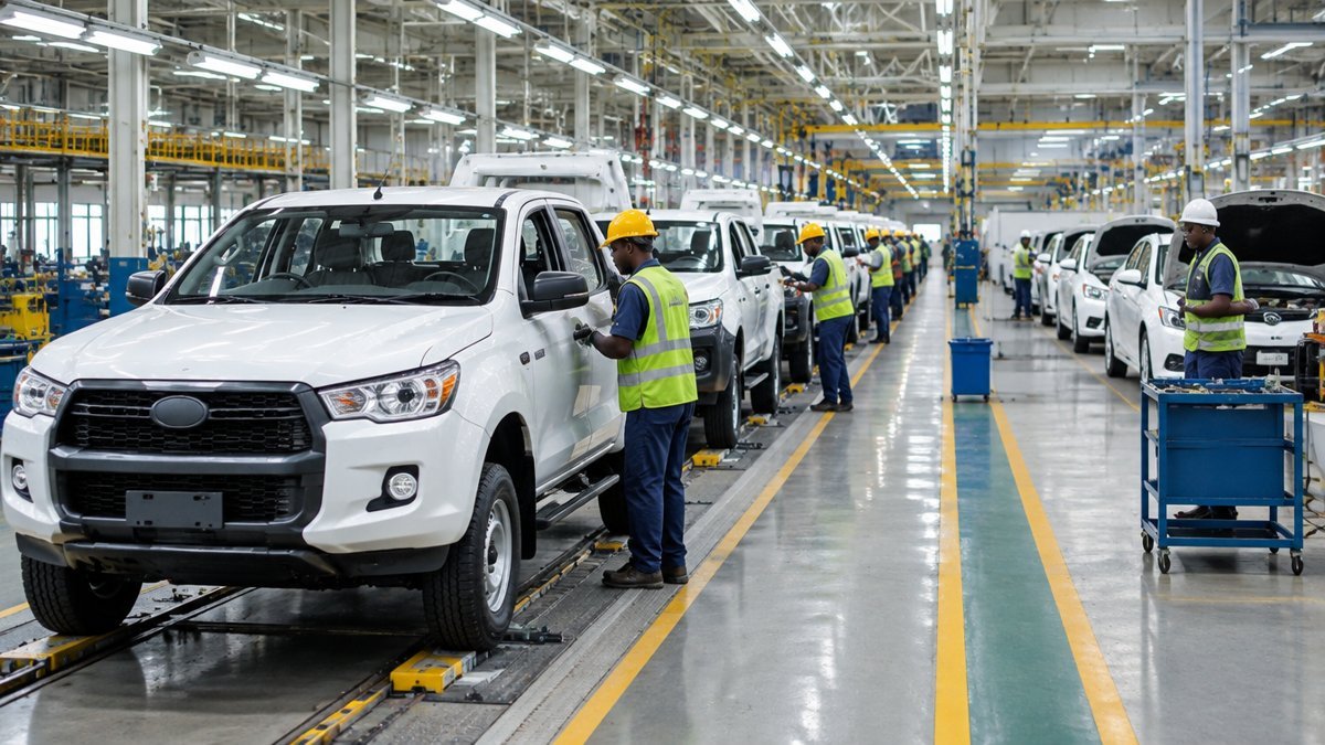 Unbranded vehicles on a local car assembly line in Nigeria