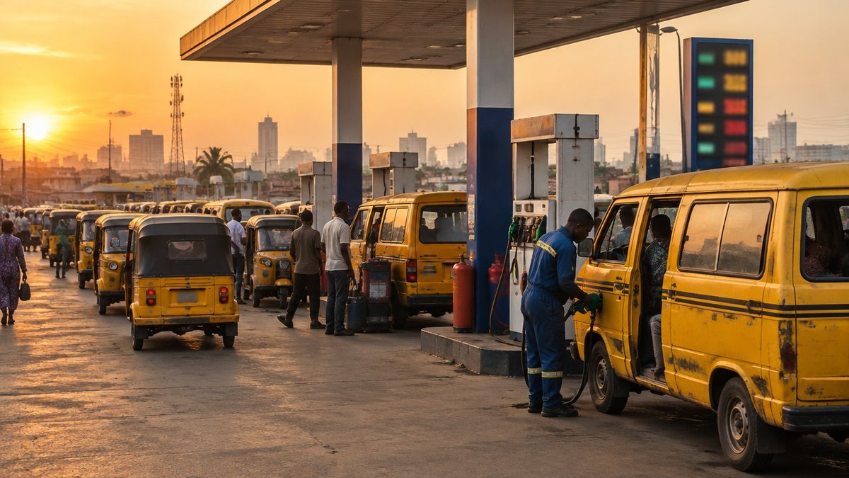 Commercial buses and tricycles queuing for petrol at a Lagos filling station at sunset